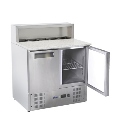 2-door refrigerated counter with superstructure and granite worktop