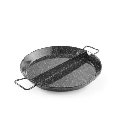 Enamelled paella pan with compartments